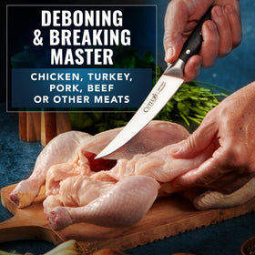 Cutluxe curved boning knife in hand demonstrates control during filleting