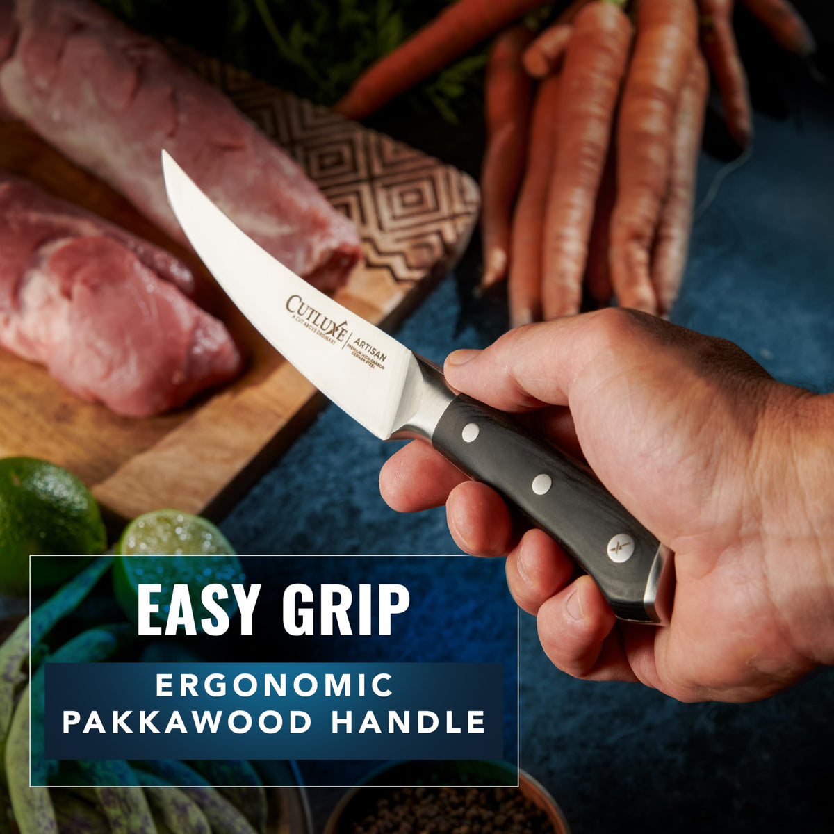 Cutluxe curved boning knife lifetime warranty badge emphasizes durability