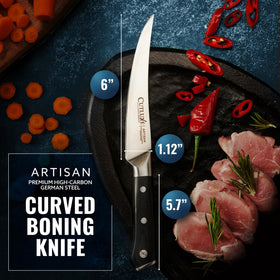 Pakkawood handle detail on Cutluxe curved boning knife