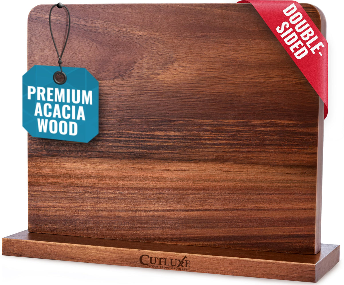 Cutluxe double-sided acacia knife block with secure magnetic storage.