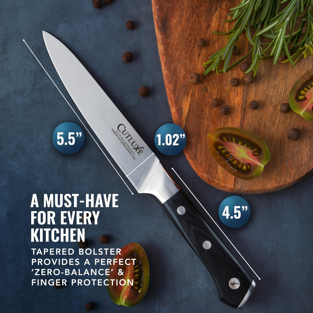 Cutluxe knife's ergonomic grip reduces fatigue during busy prep.