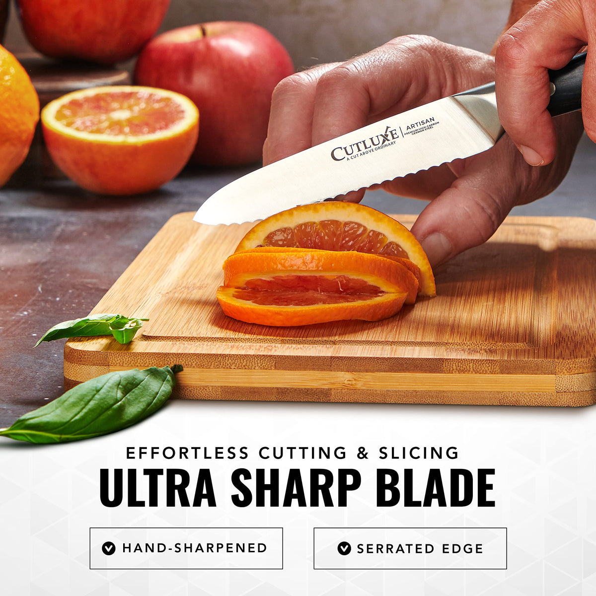 Cutluxe full-tang ergonomic handle demonstrates secure grip and balanced control