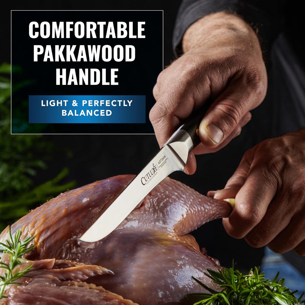 Cutluxe full-tang ergonomic handle provides balanced handling.
