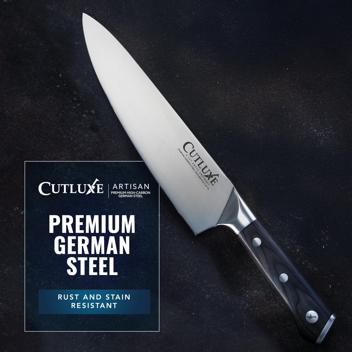 Cutluxe full-tang ergonomic pakkawood handles emphasize comfort and durability.