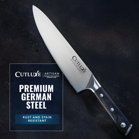 Cutluxe full-tang ergonomic pakkawood handles emphasize comfort and durability.