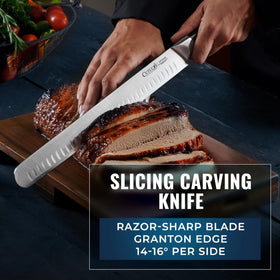 Cutluxe German steel blade detail highlighting sharp edge.