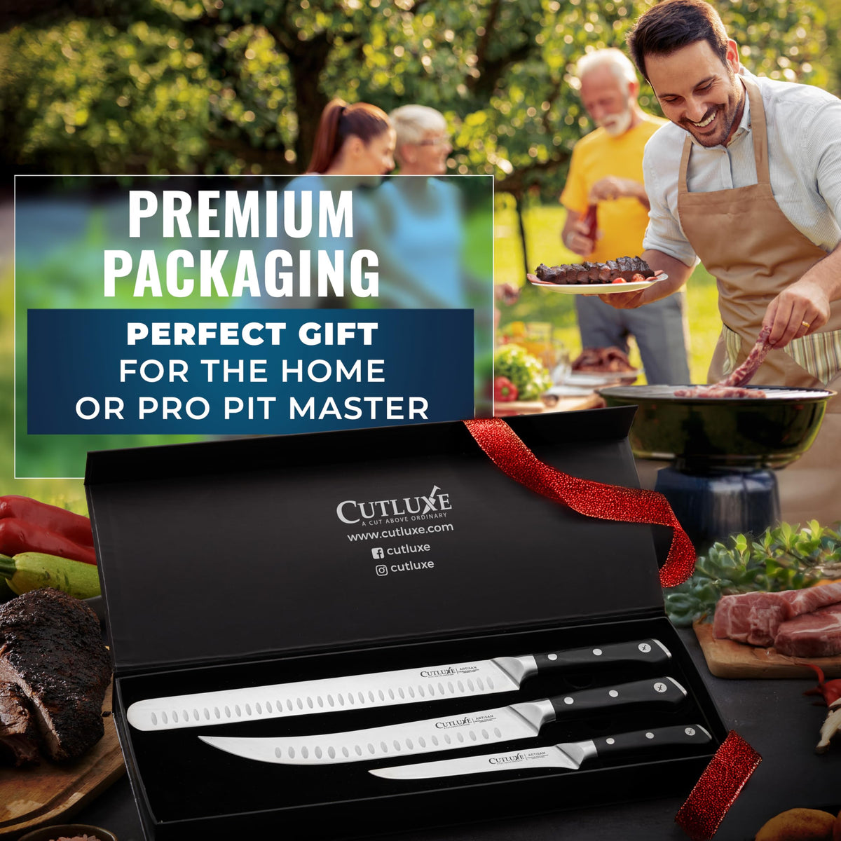 Cutluxe gift-pack ready meat knife set for BBQ lovers.