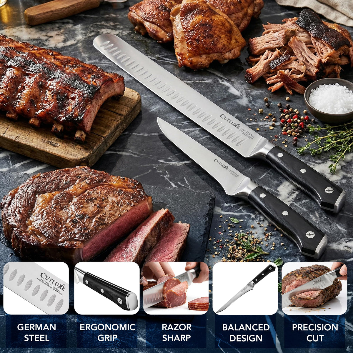 Cutluxe granton blade edge reduces sticking for smooth slices
