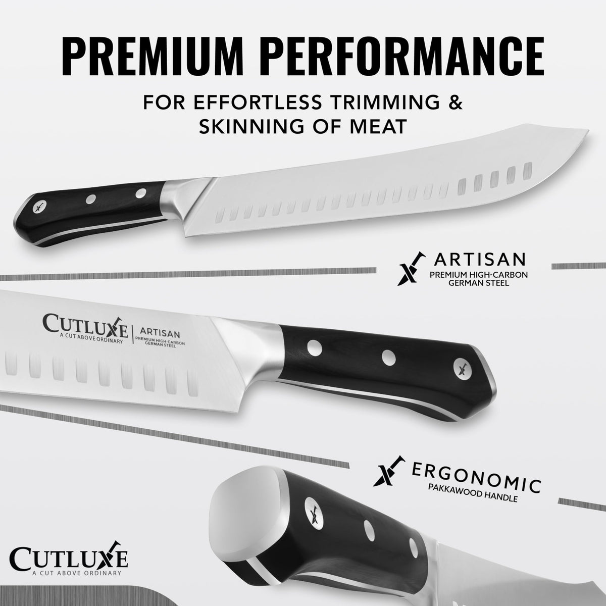 Cutluxe granton edge sharp with 14-16 degrees for effortless slicing.