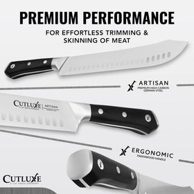 Cutluxe granton edge sharp with 14-16 degrees for effortless slicing.