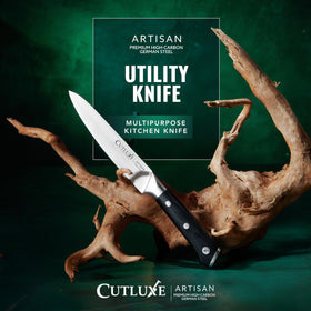 Cutluxe blade forged from high-carbon German steel for lasting sharpness.