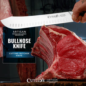 Cutluxe high-carbon German steel blade delivers rust resistance and long-lasting performance.