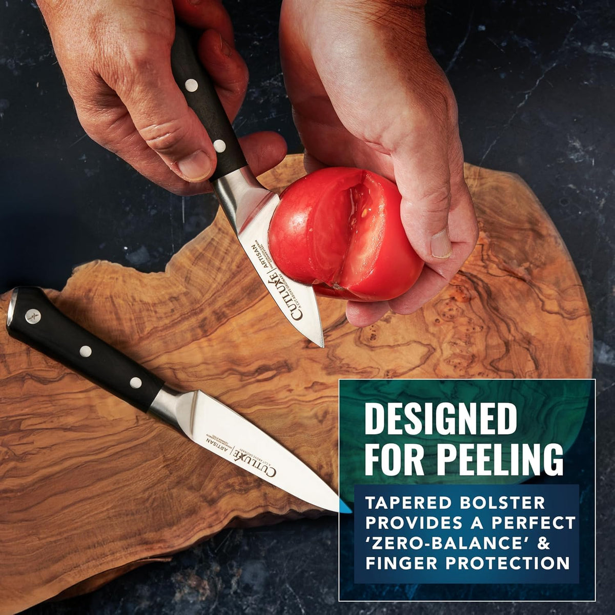 Cutluxe high-carbon steel resists rust and stains for long-lasting performance.