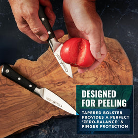 Cutluxe high-carbon steel resists rust and stains for long-lasting performance.