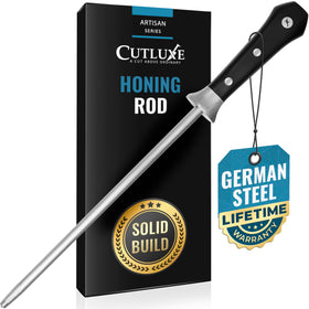 Cutluxe honing rod 10-inch with ergonomic PakkaWood handle for precise blade realignment.