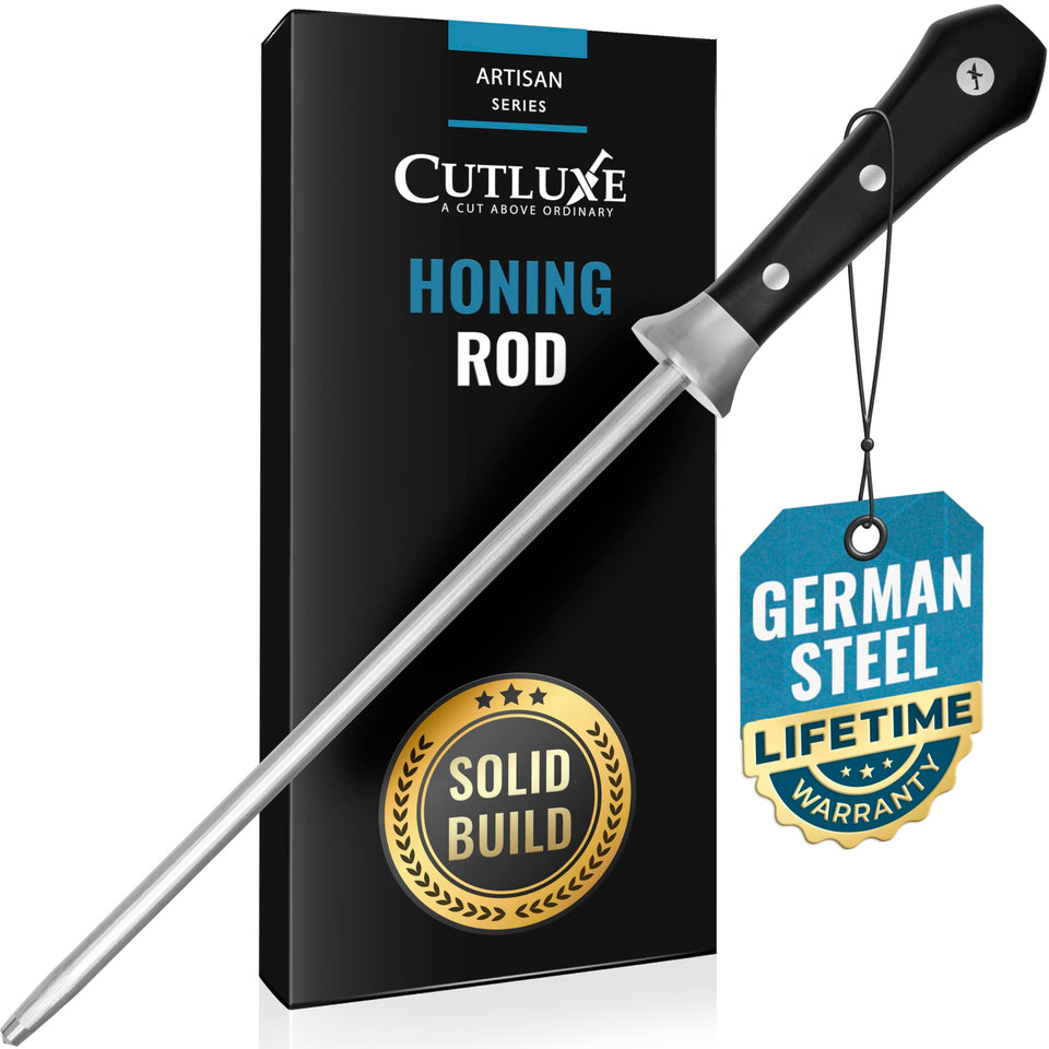 Cutluxe honing rod 10-inch with ergonomic PakkaWood handle for precise blade realignment.
