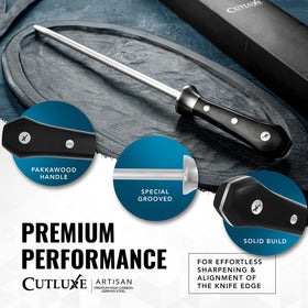 Cutluxe honing rod featured in the Artisan Series with sturdy construction.