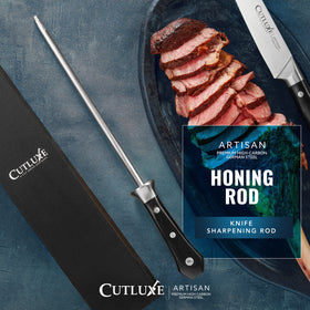 Lifetime warranty badge on Cutluxe honing rod signals lasting value.