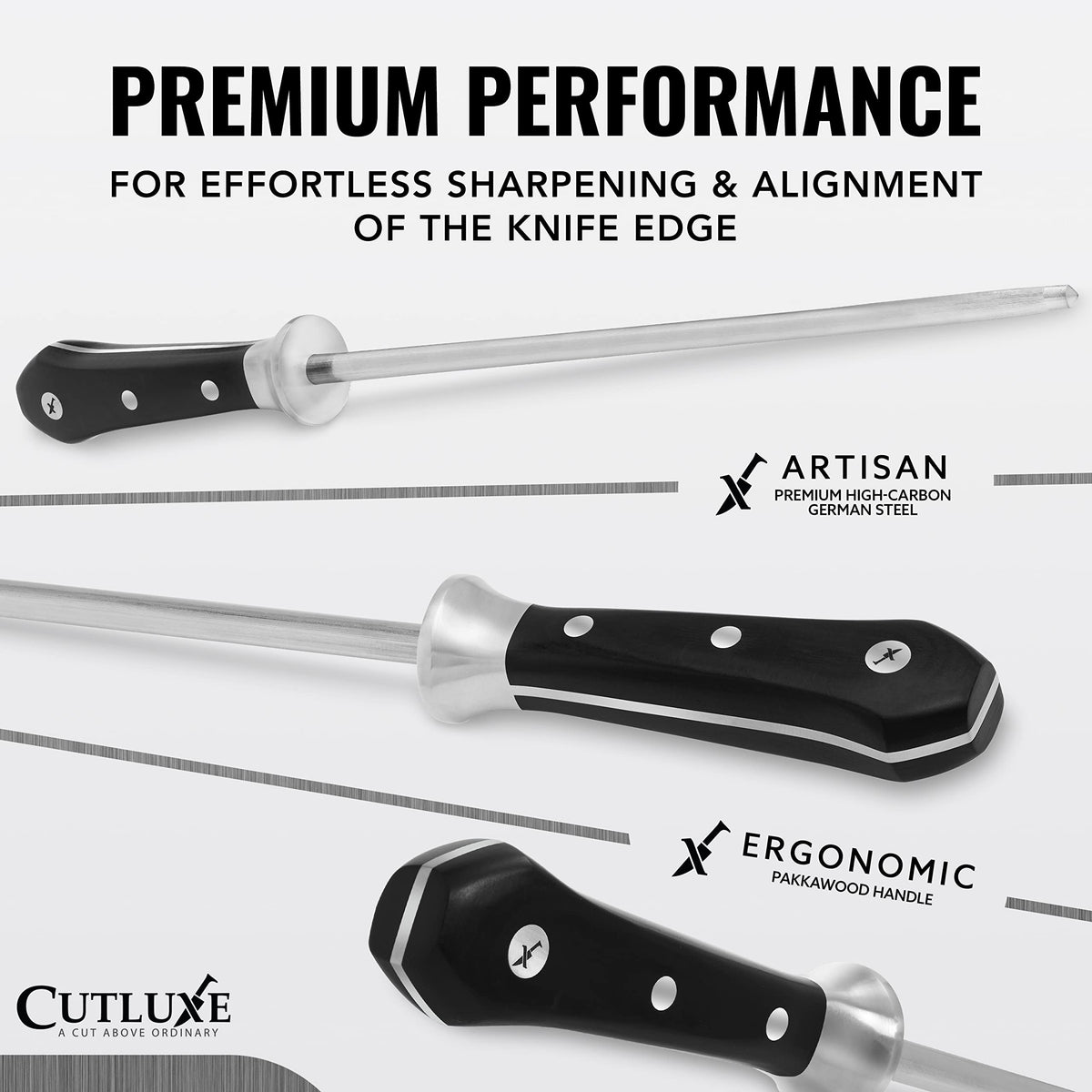 Cutluxe honing rod close-up shows non-slip PakkaWood grip for stable sharpening.