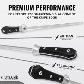 Cutluxe honing rod close-up shows non-slip PakkaWood grip for stable sharpening.