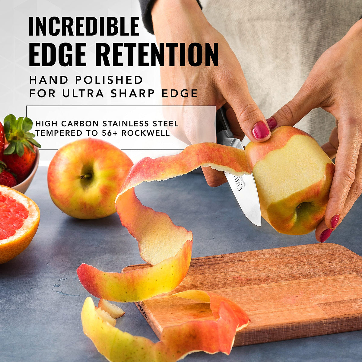 Cutluxe 3.5-inch paring knife featured for delicate prep tasks.
