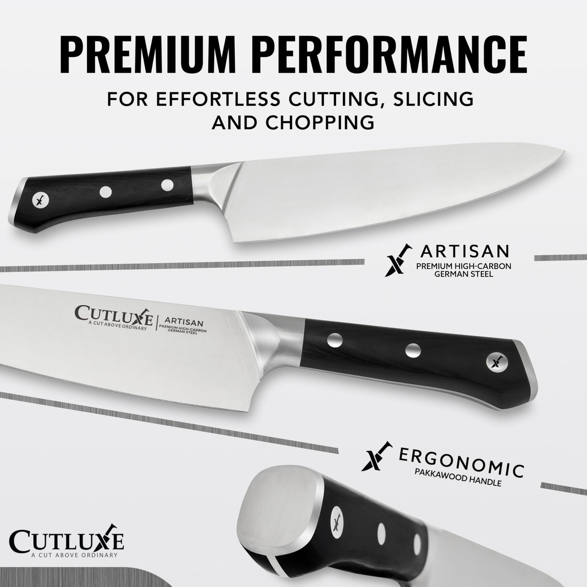 Cutluxe 5.5-inch utility knife ready for peeling and trimming with control.