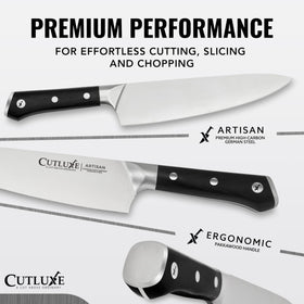 Cutluxe 5.5-inch utility knife ready for peeling and trimming with control.