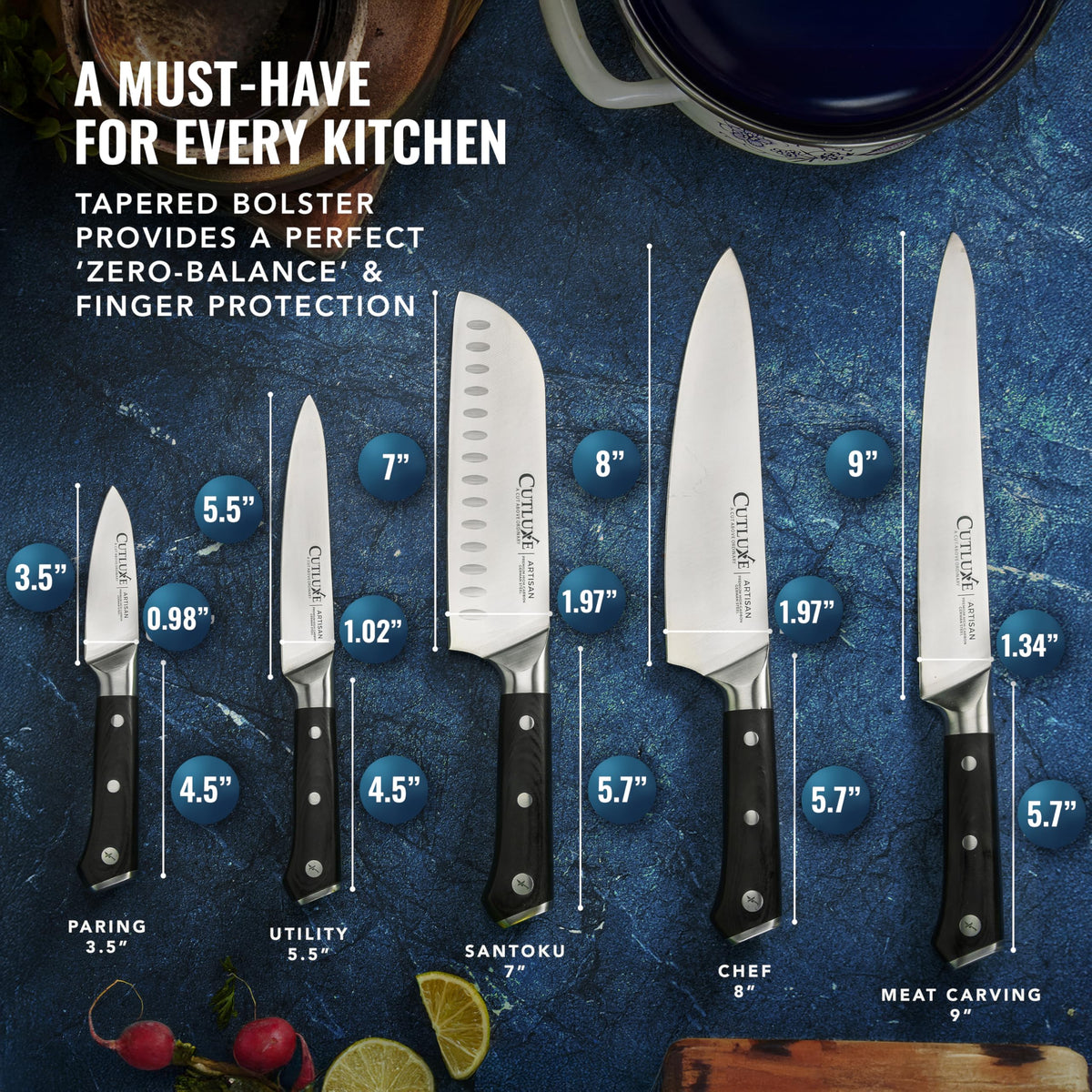 Cutluxe 7-inch Santoku knife highlighted for balanced weight and versatile chopping.