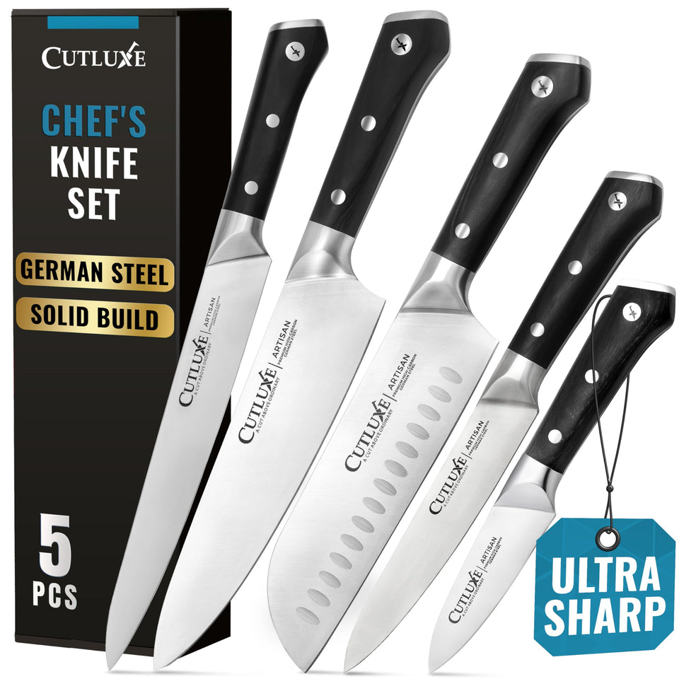 Cutluxe 8-inch chef knife shown for precise everyday slicing with a sharp edge.