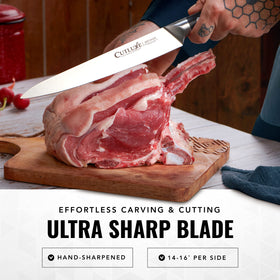 Cutluxe 9-inch carving knife displayed for clean roasts and neat meat slices.
