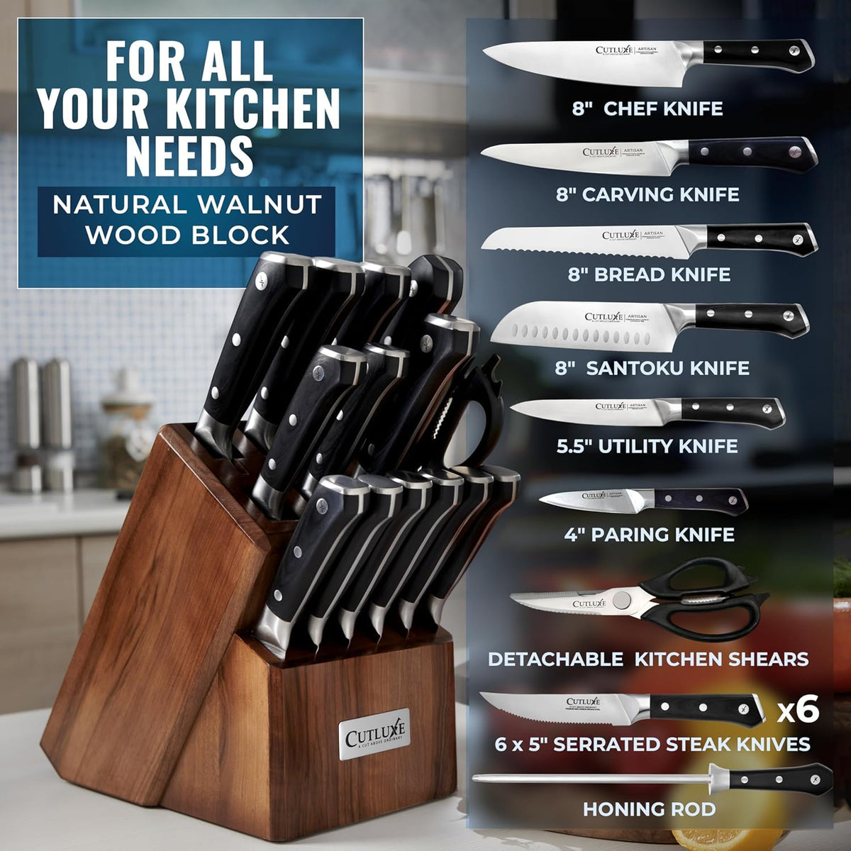 Cutluxe knife set walnut block closeup highlights durable, stylish storage for everyday cooking.