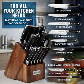 Cutluxe knife set walnut block closeup highlights durable, stylish storage for everyday cooking.