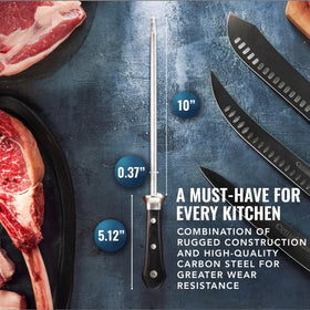 Durable Cutluxe honing rod in premium carbon steel resists rust and wear.