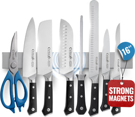 Cutluxe 16-inch knife strip mounted on wall for easy knife access.