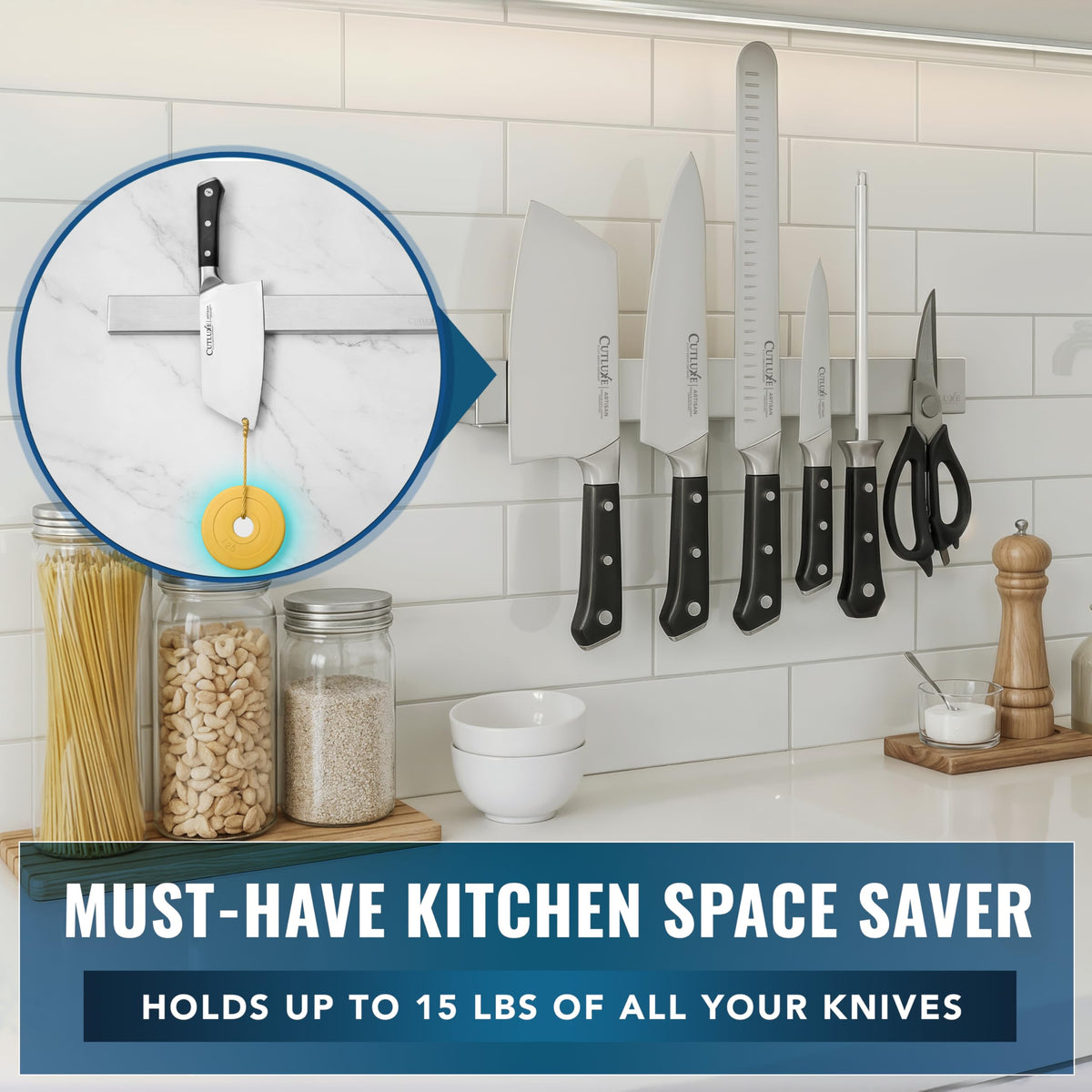 Cutluxe strip securely holds knives, scissors, and tongs.