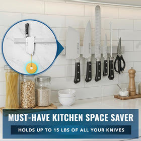 Cutluxe strip securely holds knives, scissors, and tongs.