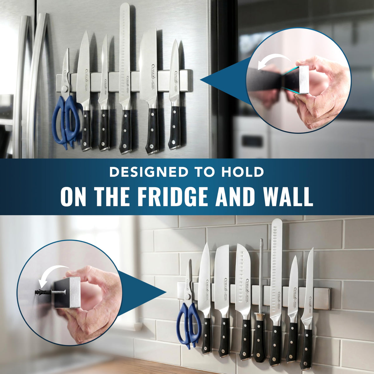 Close-up of Cutluxe magnets showing strong hold for chef knives.