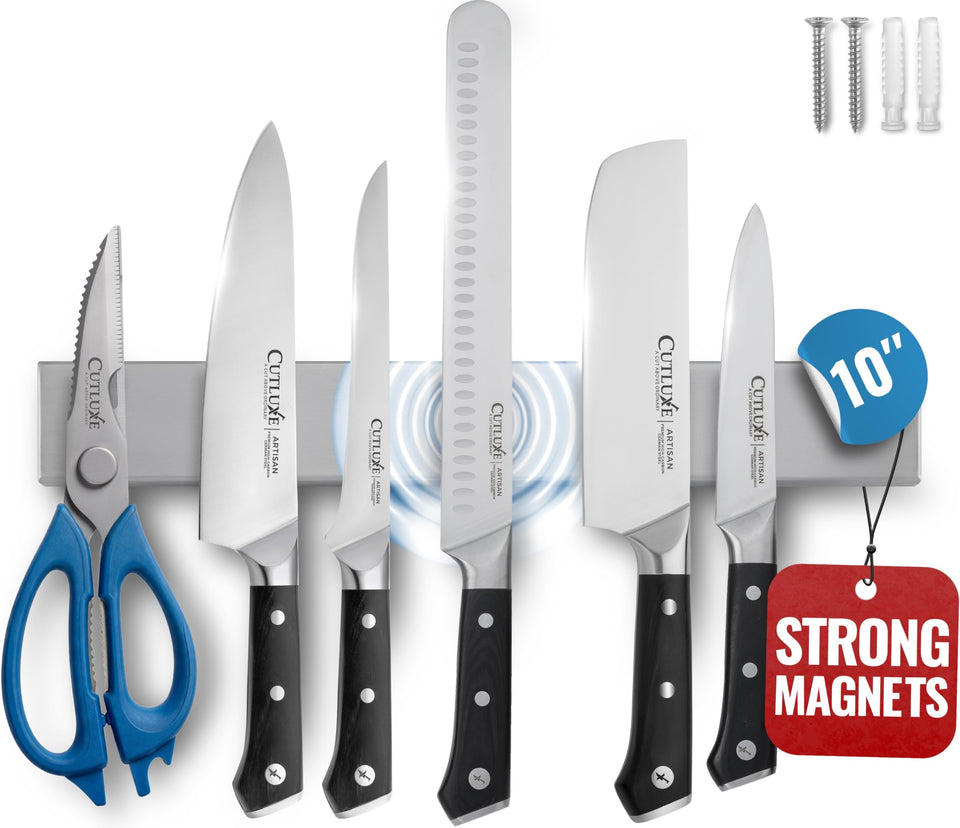 Cutluxe magnetic knife holder mounted on wall with strong hold