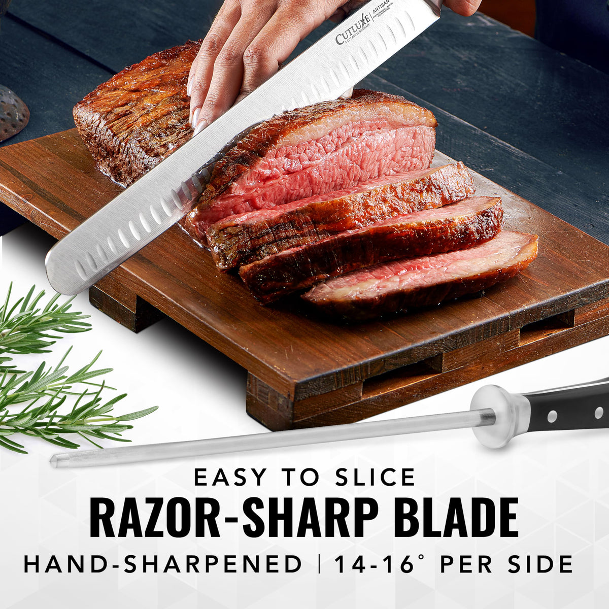 Cutluxe meat slicing knife with German steel for durable performance