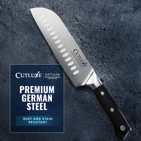 Cutluxe multi-use santoku in action for chopping, dicing, and mincing