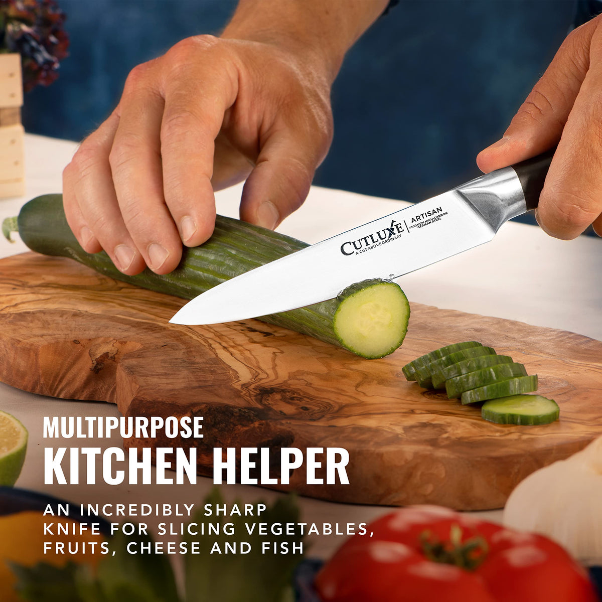 Cutluxe kitchen knife is multipurpose for vegetables, fruits, cheese and more.