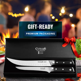 Cutluxe on cutting board demonstrates versatile meat preparation at home.