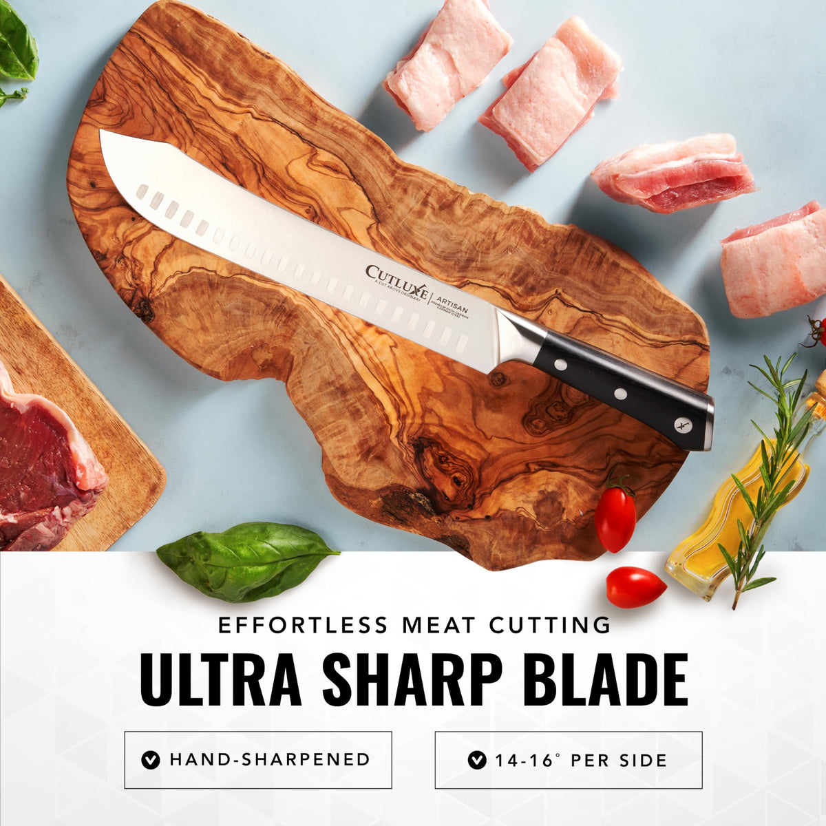 Cutluxe pakkawood full tang handle boosts grip and stability.
