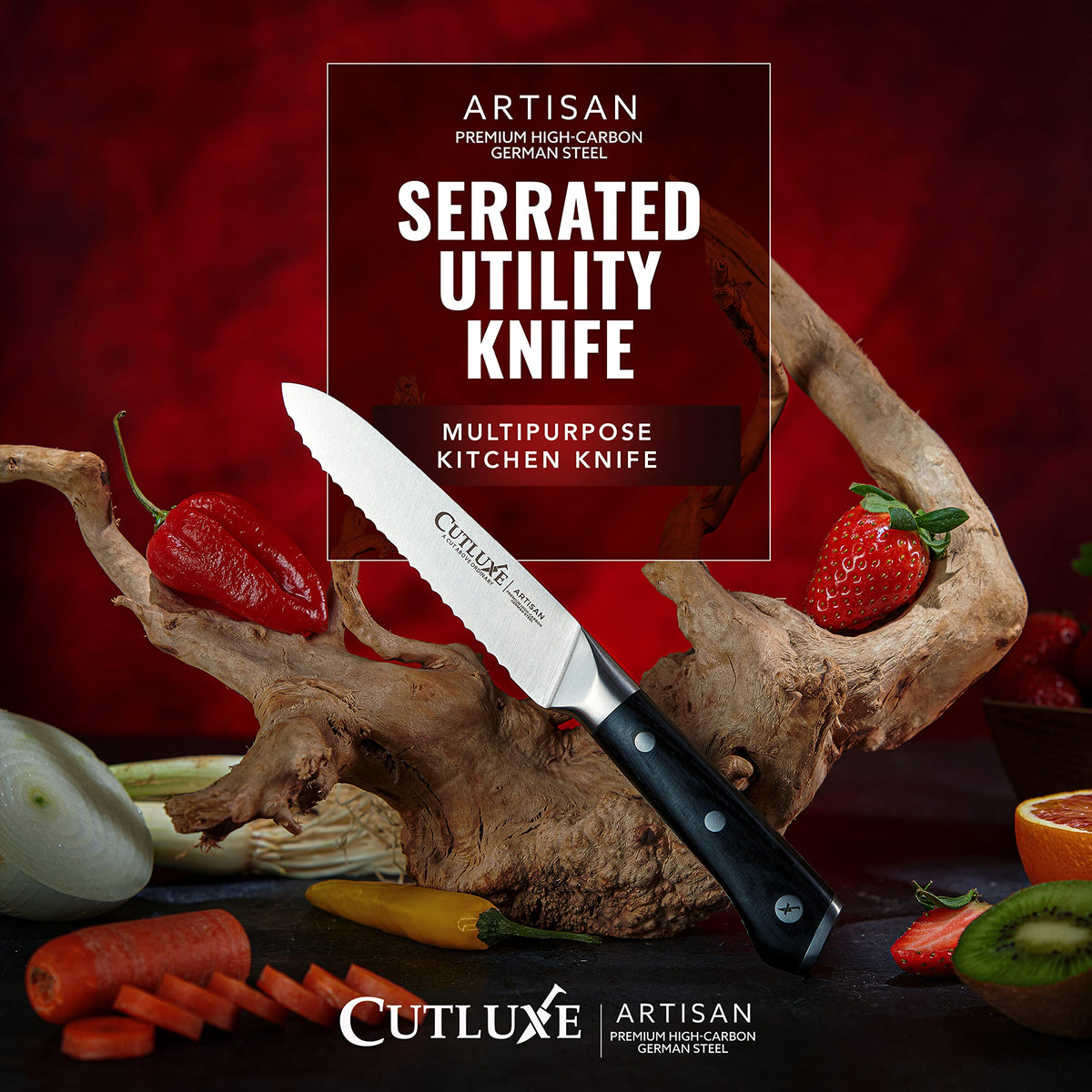 Cutluxe pakkawood handle detail highlights comfortable grip during prep