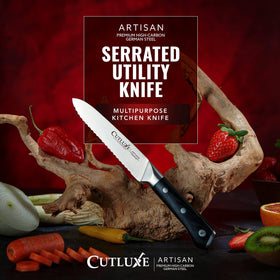 Cutluxe pakkawood handle detail highlights comfortable grip during prep