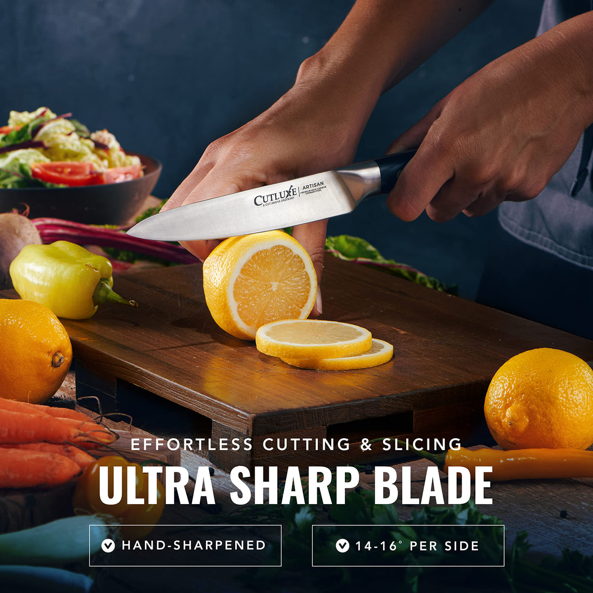 Cutluxe pakkawood handle adds premium grip and durability.