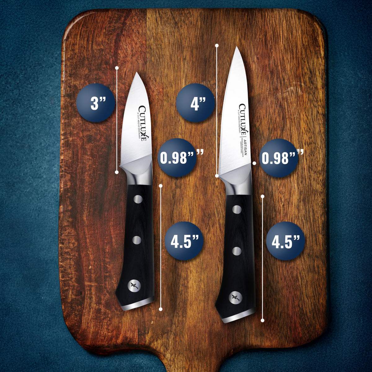 Cutluxe pakkawood handle with triple rivets offers secure, comfortable control.