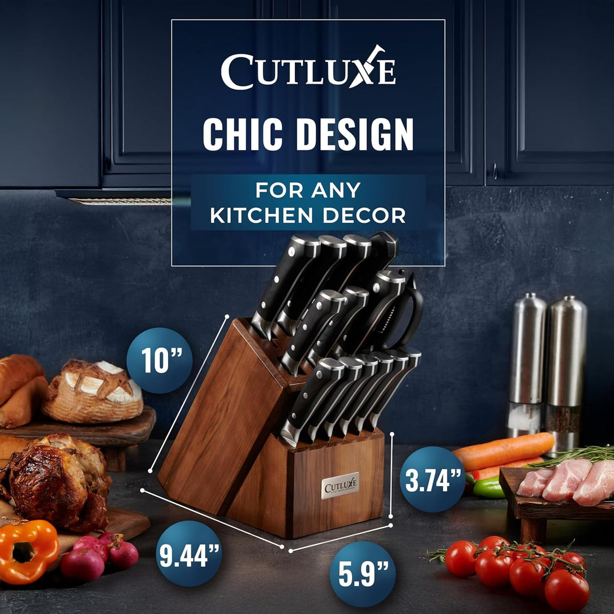 Cutluxe pakkawood handles detail highlights ergonomic grip and balanced control.