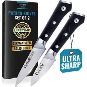 Cutluxe paring knife 4-inch blade closeup shows razor-sharp edge for precise peeling.