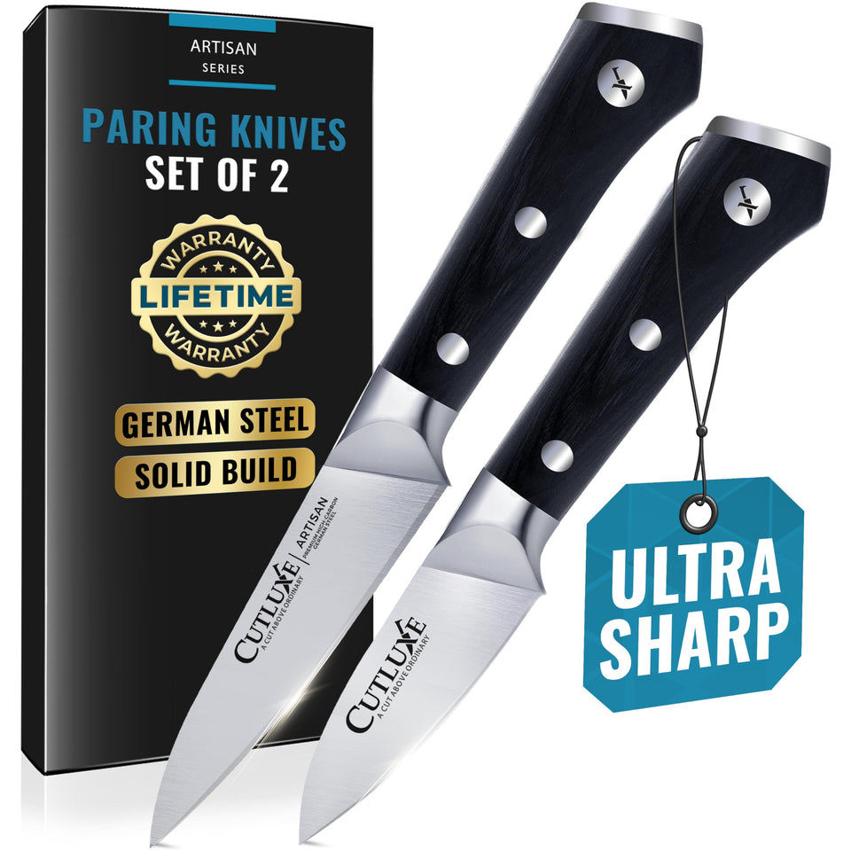 Cutluxe paring knife 4-inch blade closeup shows razor-sharp edge for precise peeling.